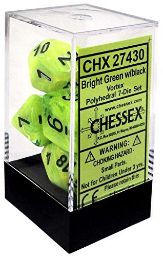 Набор кубиков Chessex 7-dice set Vortex - Bright Green-Black - Polyhedral