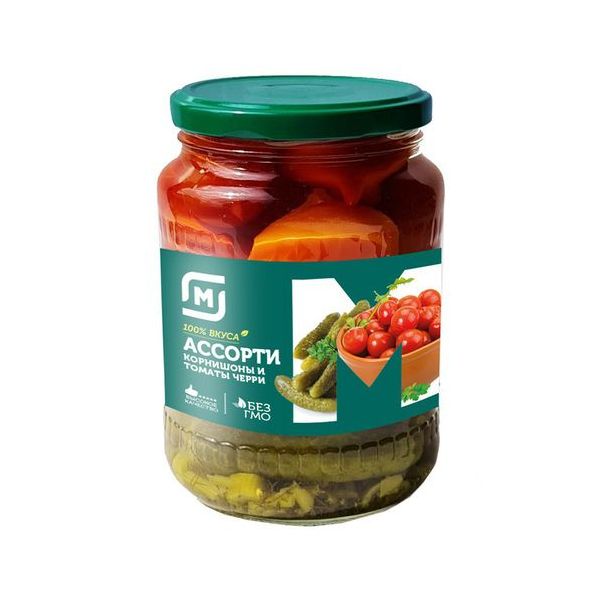 

Ассорти из овощей Летнее настроение томаты черри-корнишоны-патиссоны маринованное 1 кг