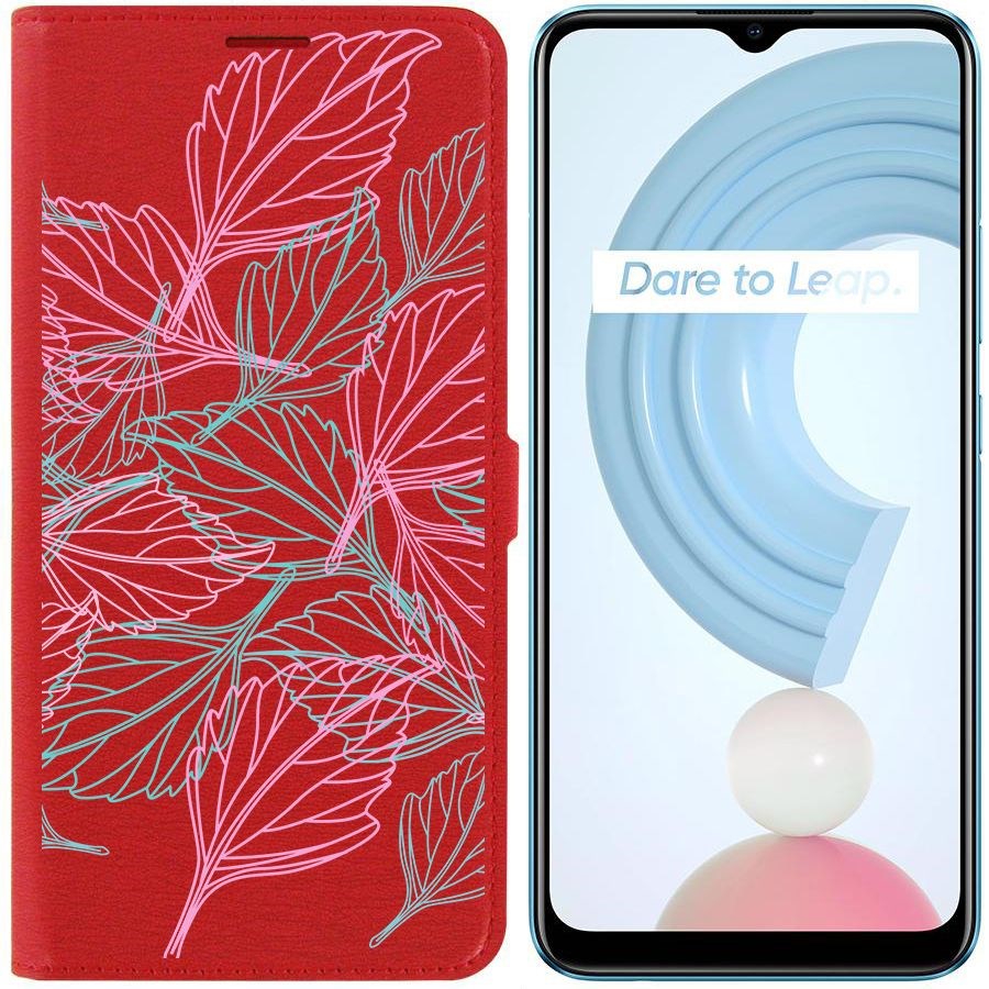 

Чехол-книжка Krutoff Eco Book для Realme C21Y Листья паттерн (красный)