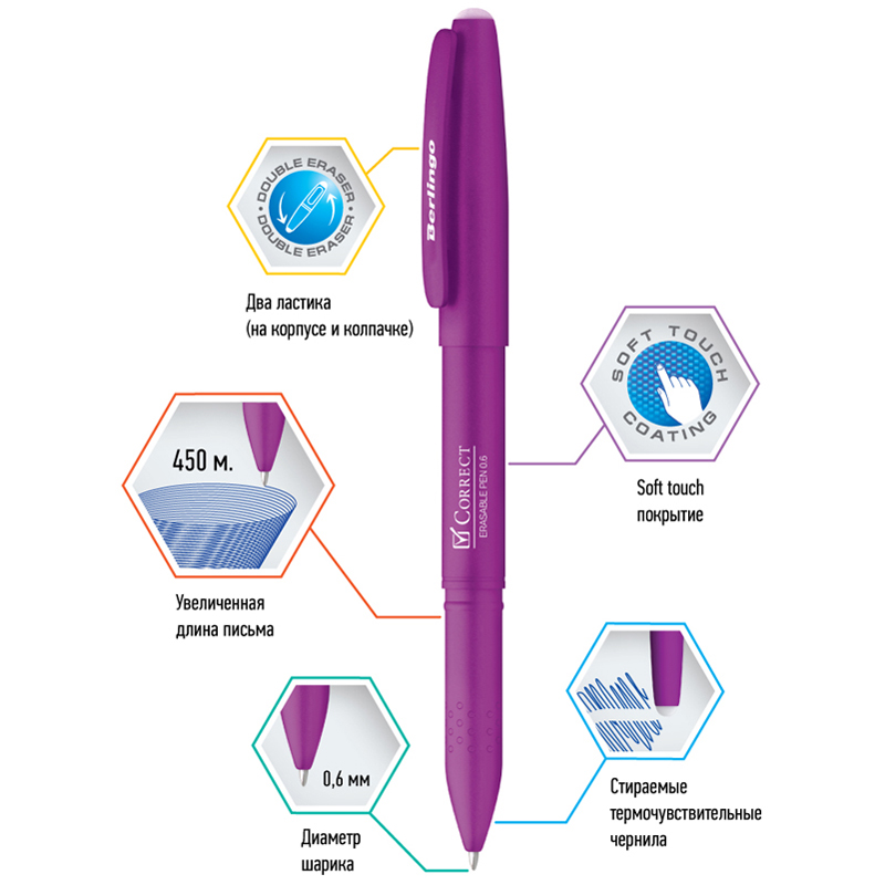 

Ручка гелевая стираемая Berlingo Correct синяя, 0,6мм, прорезин. корпус, корпус ассорти