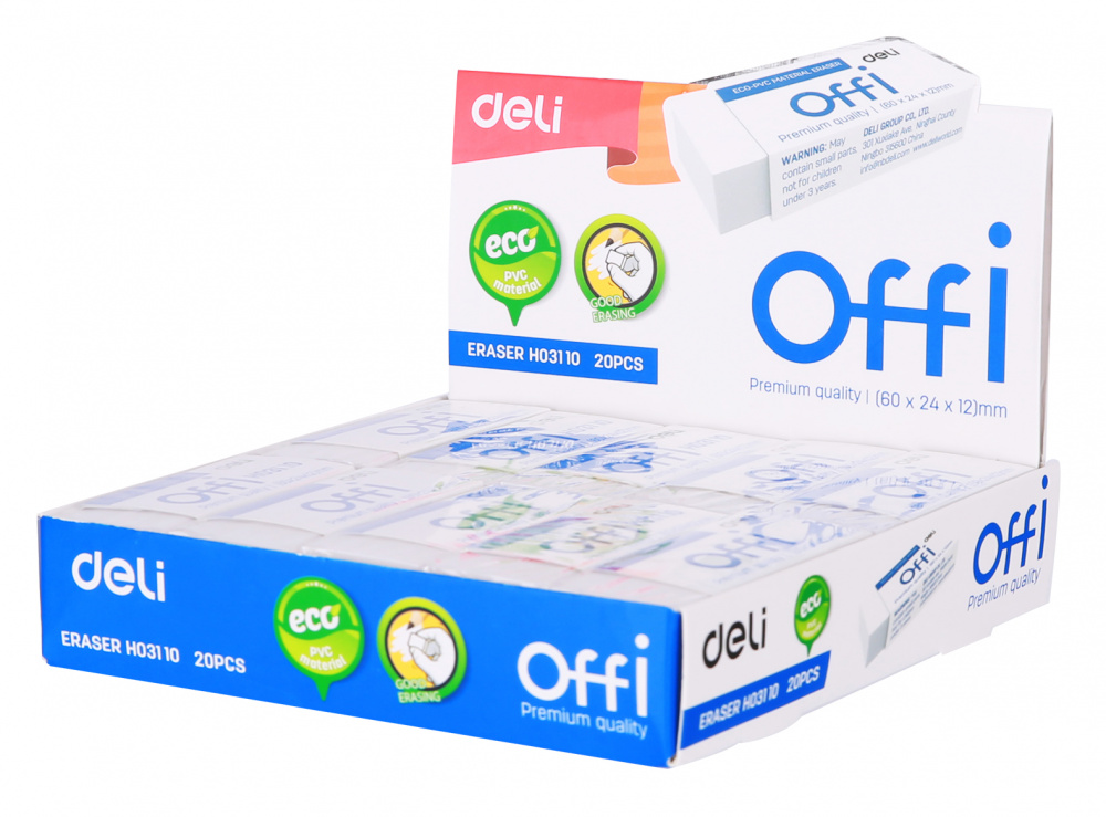 

Ластик Deli EH03110 Offi 60x24x12мм ПВХ белый, 20шт. в упаковке