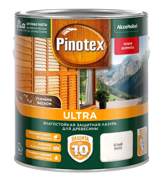 Пропитка декоративная для защиты древесины Pinotex Ultra AWB полуглянцевая белая 1 л.