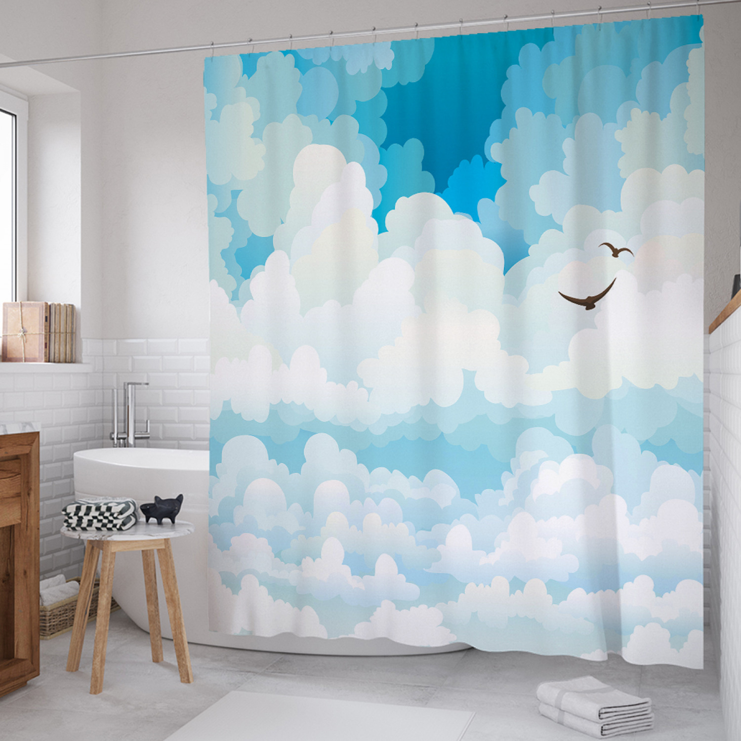 

Штора для ванной JoyArty "Птицы среди облаков" из сатена, 180х200 см с крючками, Голубой, Птицы среди облаков