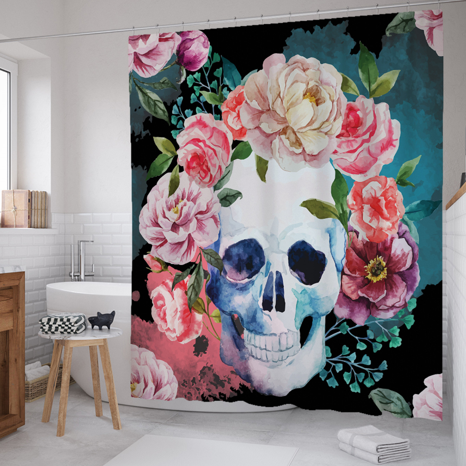 

Штора для ванной JoyArty "Череп в цветочном венке" из сатена, 180х200 см с крючками, Розовый, Череп в цветочном венке