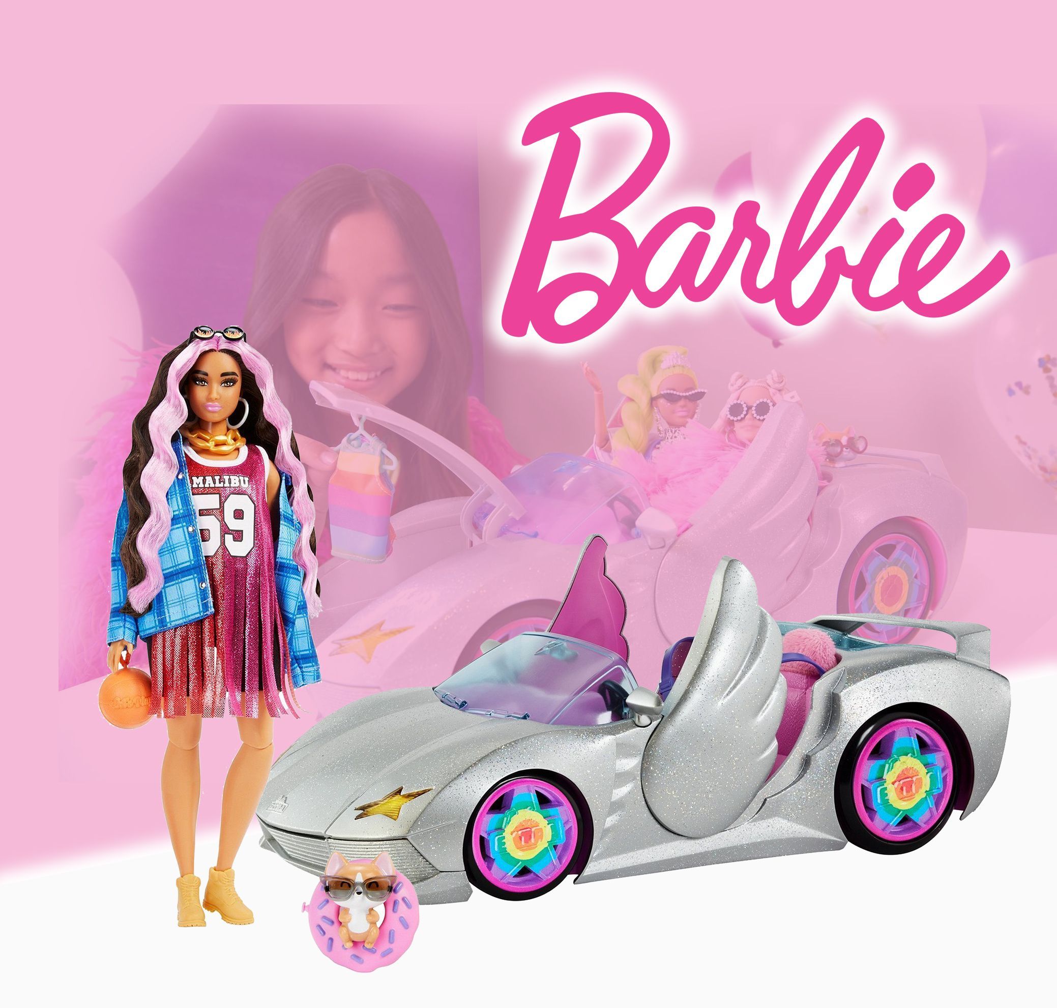 Игровой набор Кукла Barbie HDJ46 Extra Брюнетка с розовыми прядями и Машина мечты Barbie игровой набор кукла barbie extra gyj78 в радужном платье и машина мечты barbie extra hdj47