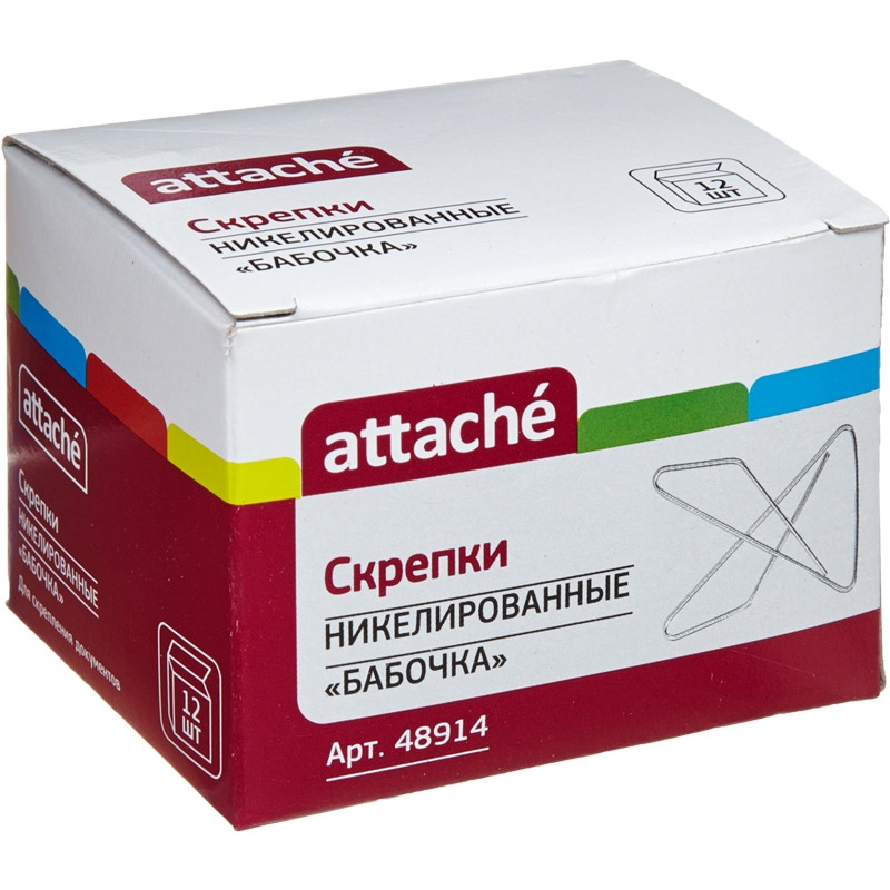

Скрепки Attache бабочка , 50 мм никелированные, 12 шт в карт.уп.