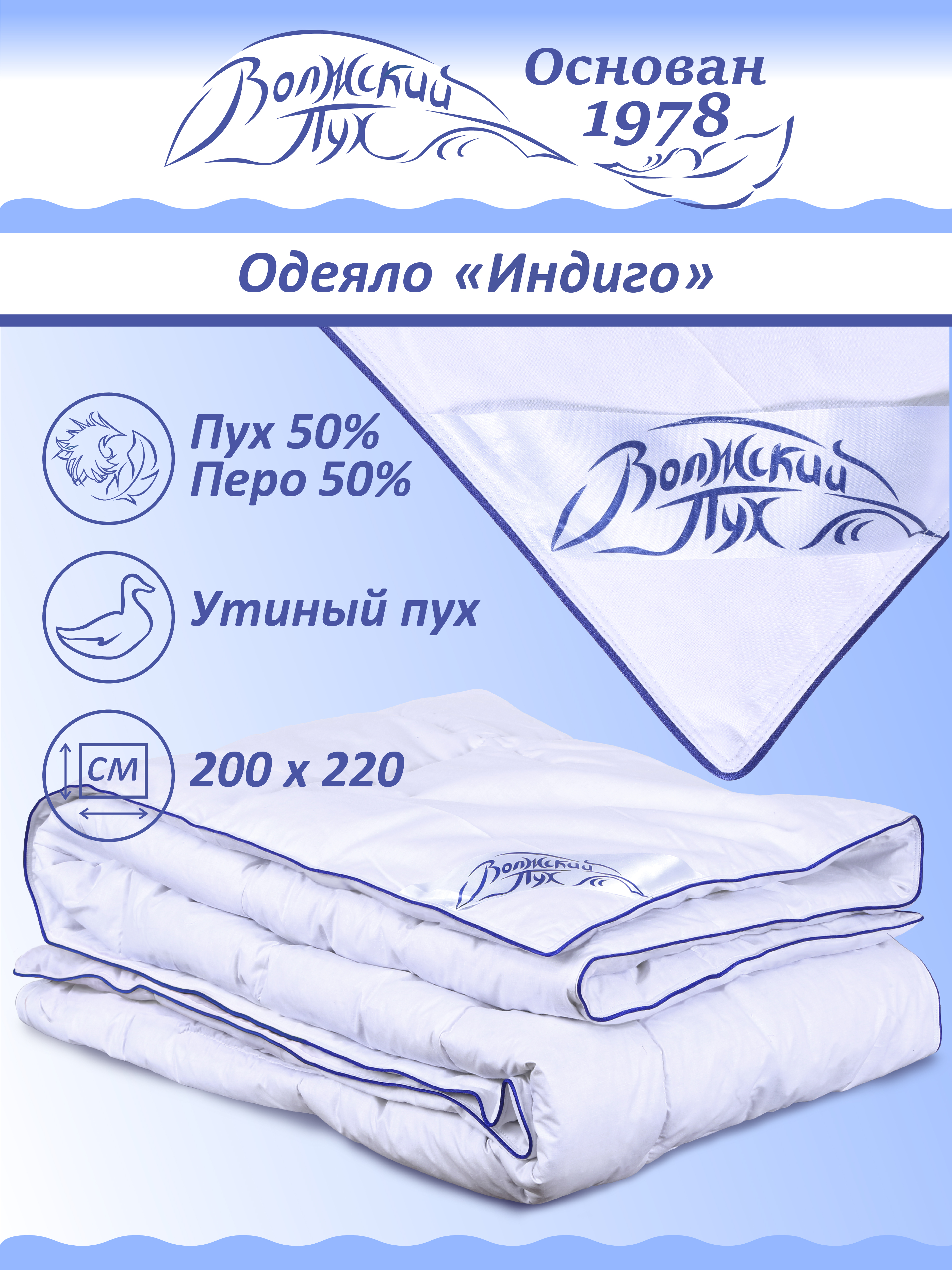 

Одеяло Волжский пух 2022НИ Индиго 200x220 см, Белый, Индиго