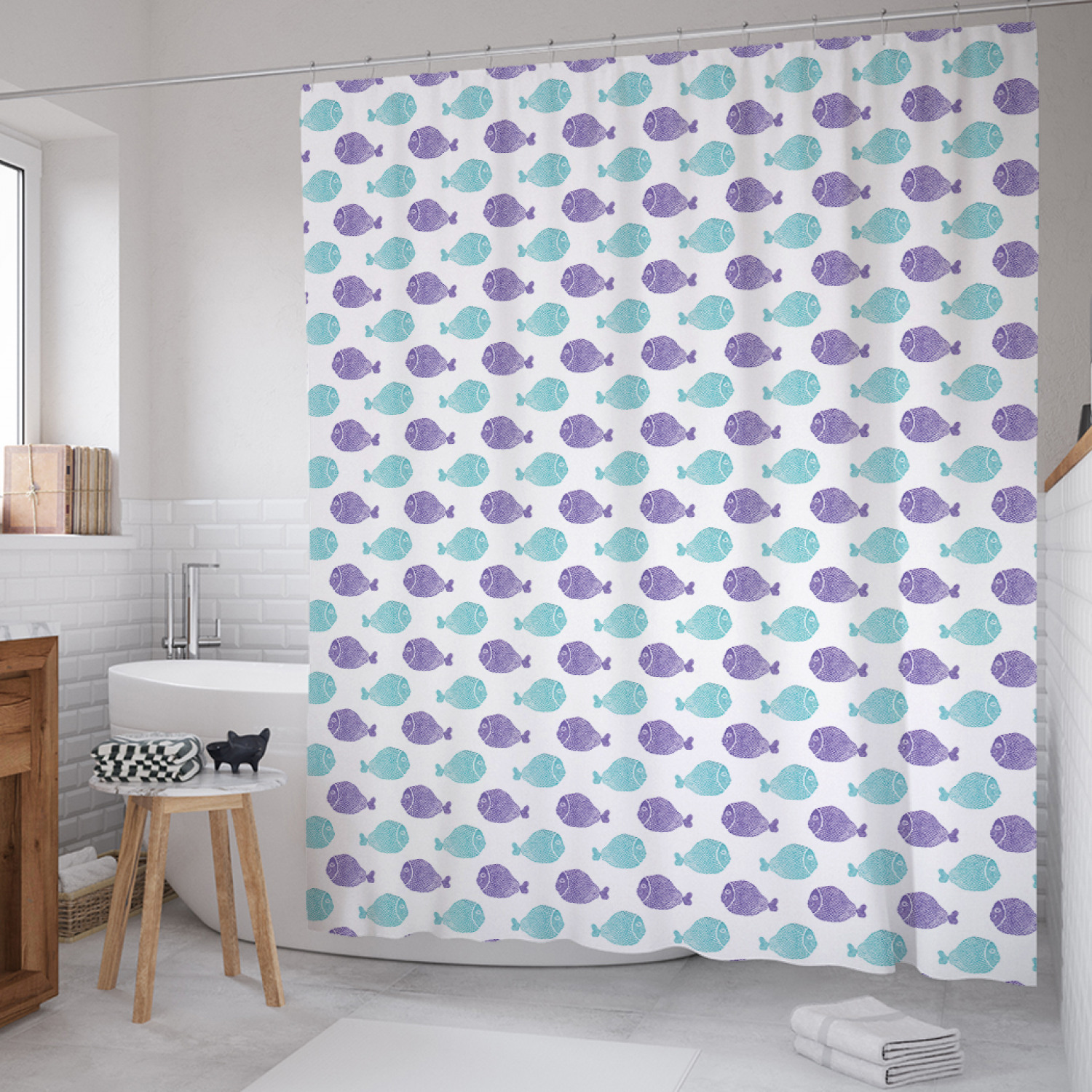 

Штора для ванной JoyArty "Отпечатки рыб" из сатена, 180х200 см с крючками, Голубой, Отпечатки рыб