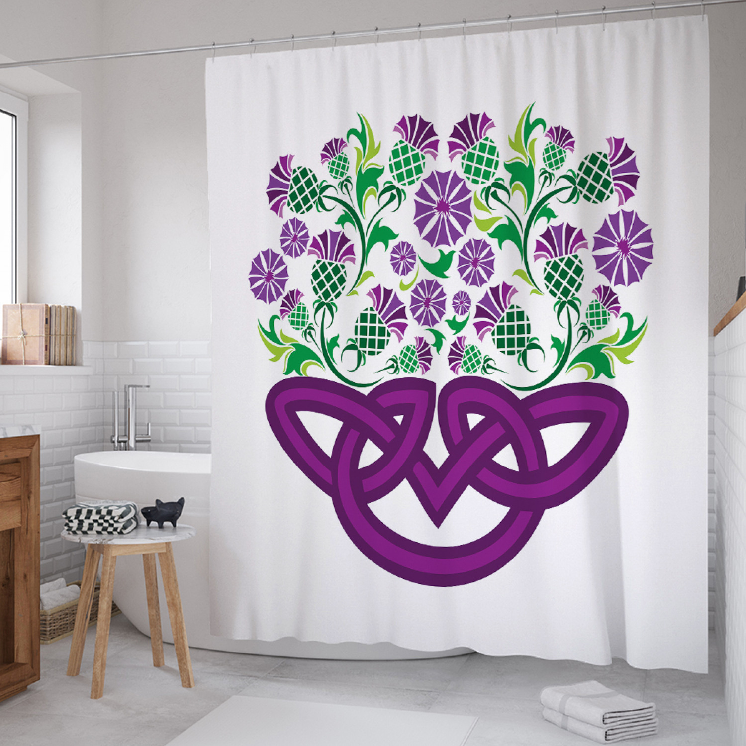 

Штора для ванной JoyArty "Кельтский чертополох" из сатена, 180х200 см с крючками, Белый, Кельтский чертополох