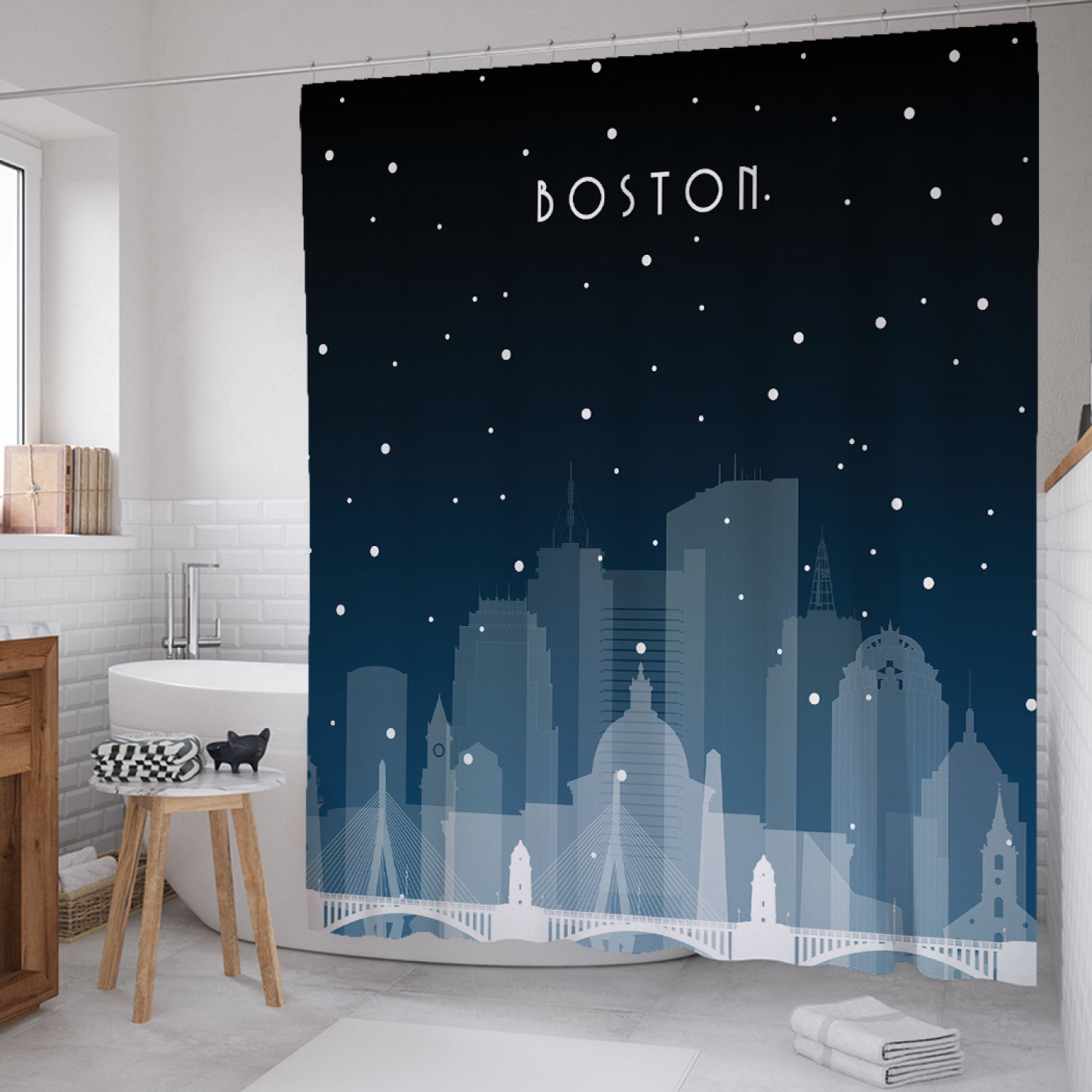 

Штора для ванной JoyArty "Ночной Бостон" из сатена, 180х200 см с крючками, Черный, Ночной Бостон