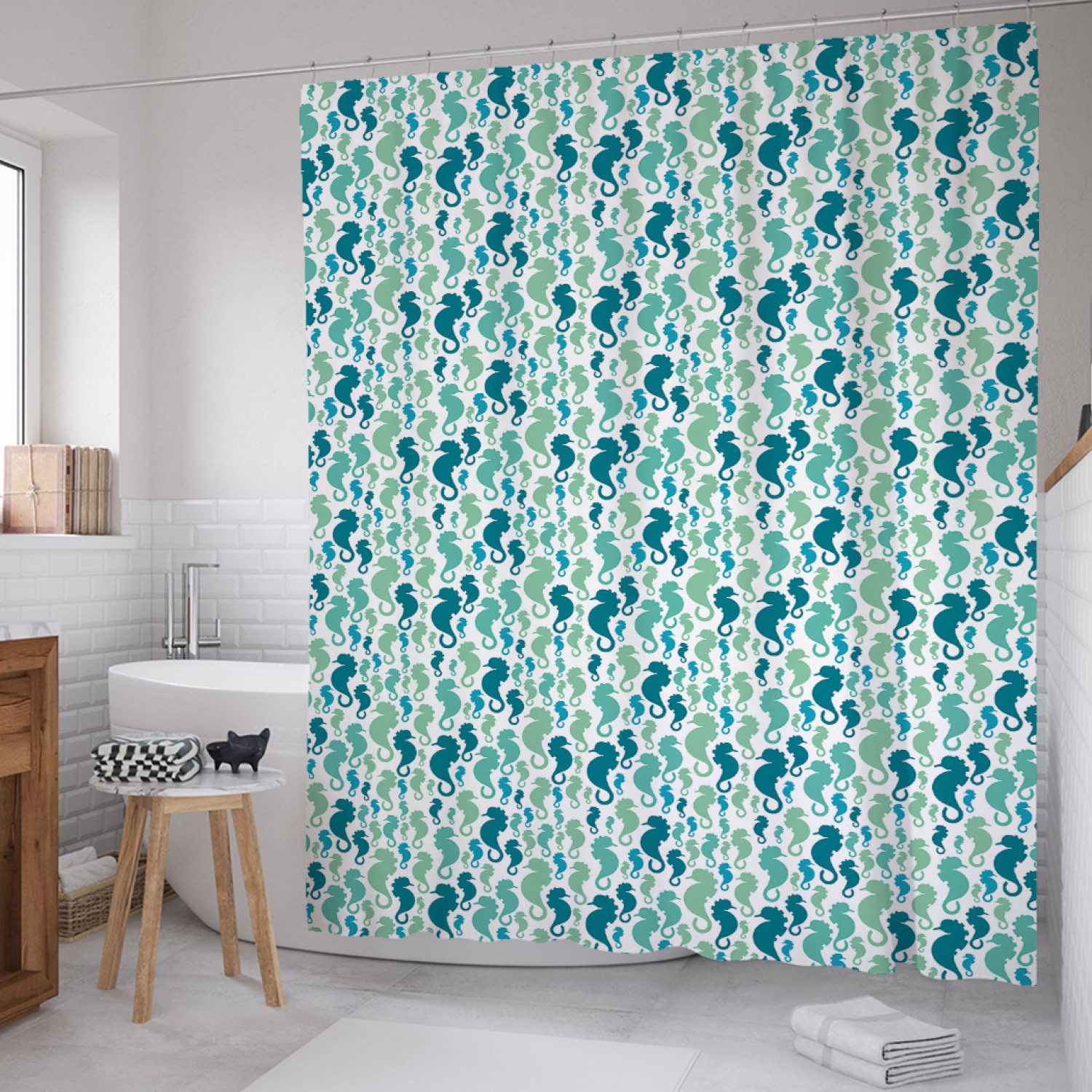 

Штора для ванной JoyArty "Трафарет морских коньков" из сатена, 180х200 см с крючками, Зеленый, Трафарет морских коньков