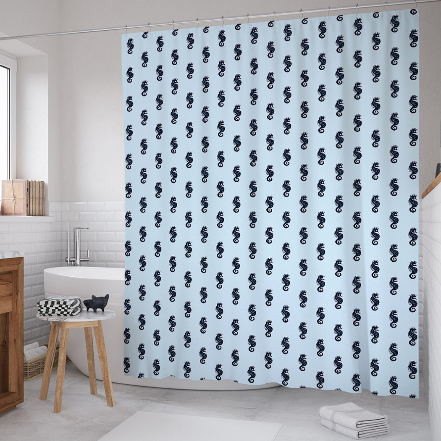 

Штора для ванной JoyArty "Спиральные хвосты морских коньков" из сатена, 180х200 см, Голубой, Спиральные хвосты морских коньков