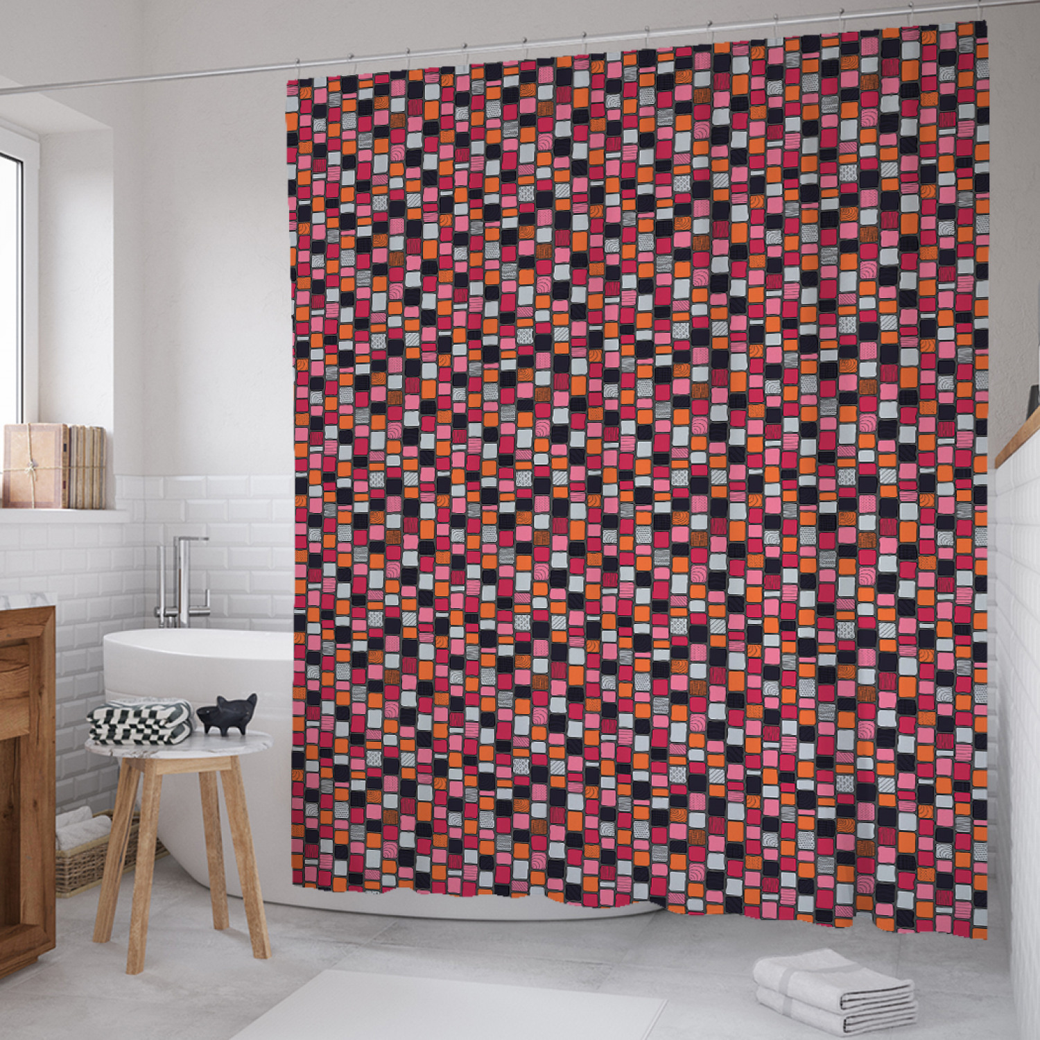 фото Штора для ванной joyarty "абстрактная прямоугольная мозаика" из сатена, 180х200 см