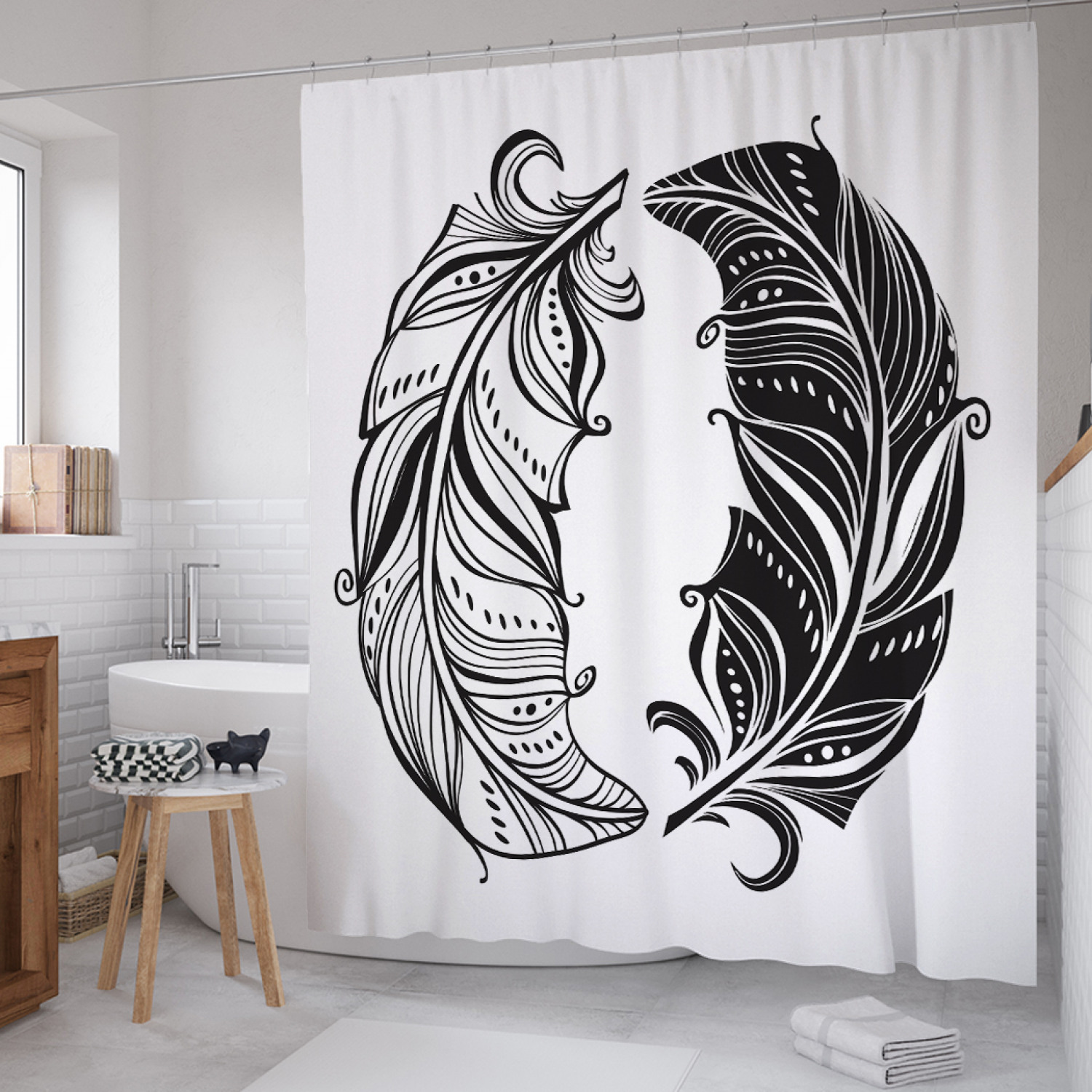 

Штора для ванной JoyArty "Противоположность бохо" из сатена, 180х200 см с крючками, Белый, Противоположность бохо