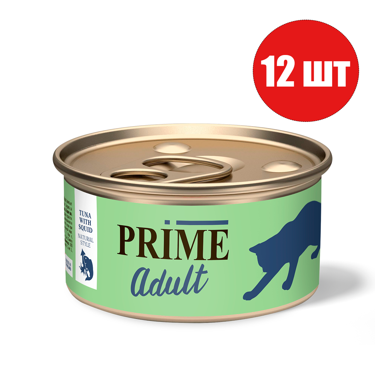 Консервы для кошек Prime с тунцом и кальмаром в собственном соку, 12шт по 70г