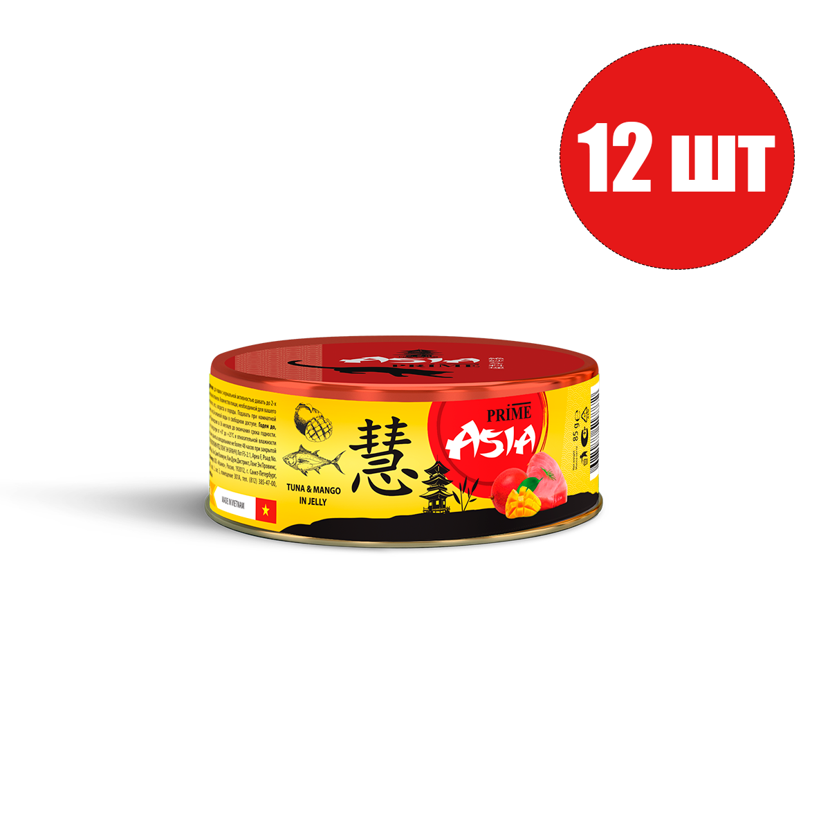 

Консервы для кошек Prime Asia с тунцом и манго в желе, 12шт по 85г