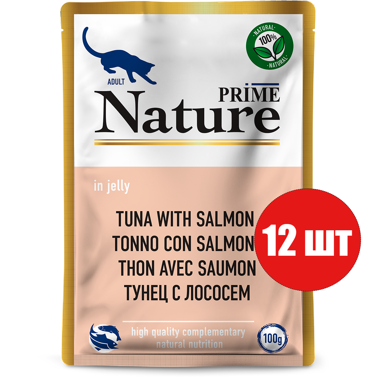 

Влажный корм для кошек Prime Nature с тунцом и лососем в желе, 12шт по 100г