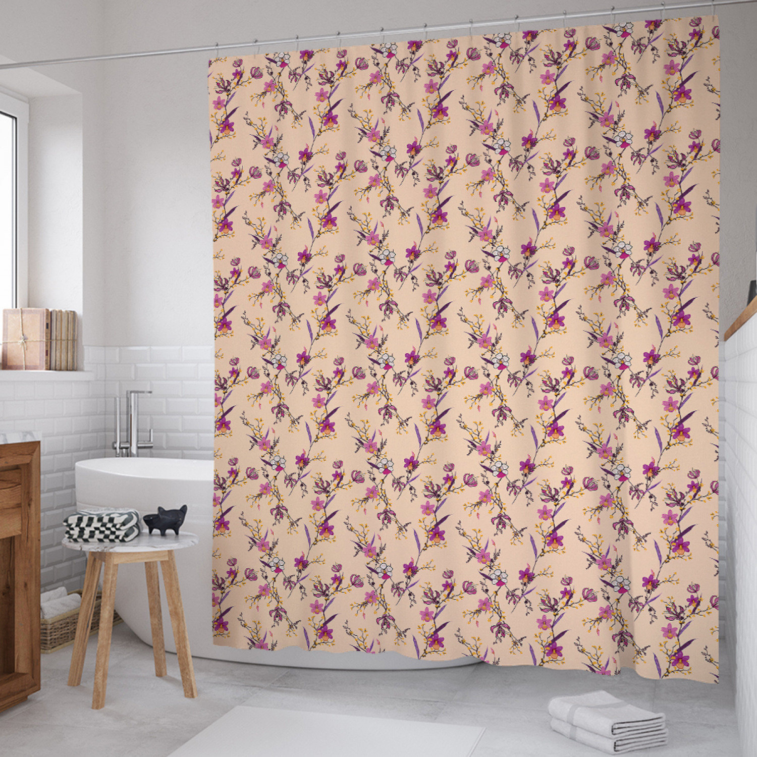 

Штора для ванной JoyArty "Мелкоцветные ветки" из сатена, 180х200 см с крючками, Бежевый, Мелкоцветные ветки