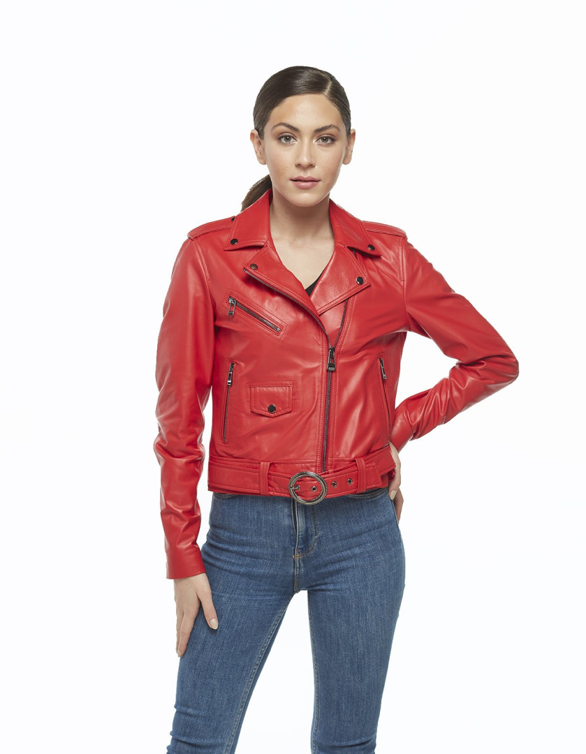 фото Кожаная куртка женская hodore h39-1170k красная 2xl (товары доставляются из-за рубежа)
