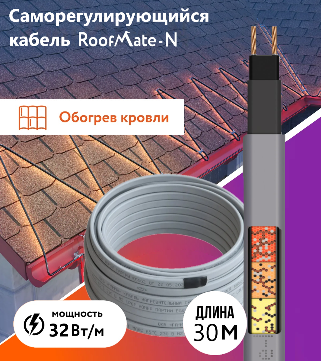 Греющий кабель RoofMate-N для обогрева труб, водостоков и кровли, 32 Вт., бухта 30 м