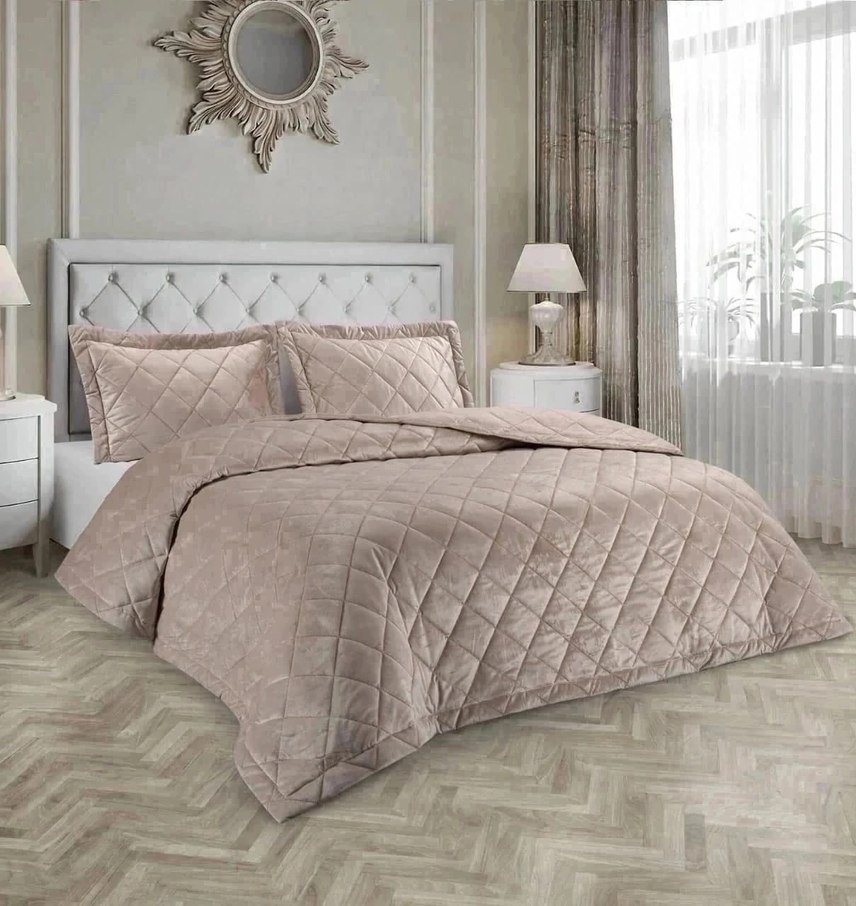 Плед велюр стеганный с наволочками Беж, Униратов Текс 240х260,наволочки 50х70-2шт