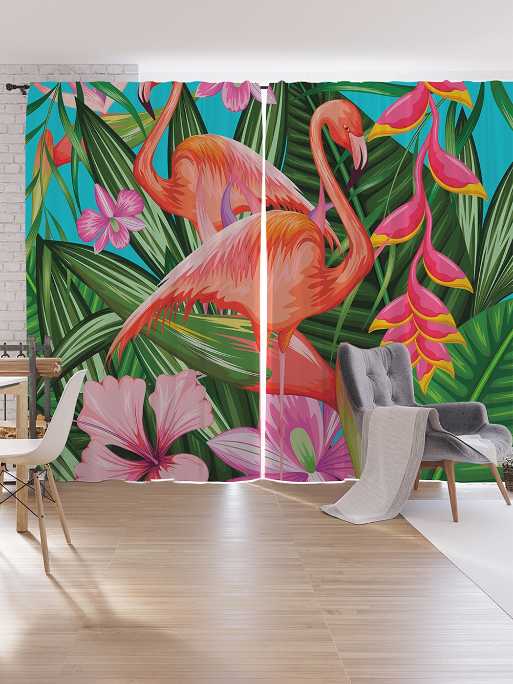 

Шторы под лён JoyArty "Фламинго в цветах", серия Oxford DeLux, 340х265 см, Фламинго в цветах