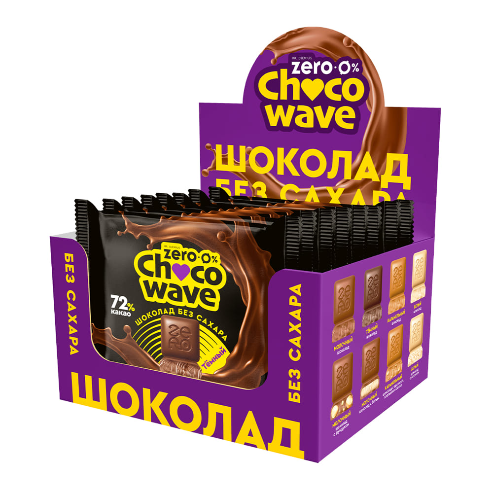 Шоколад MR. DJEMIUS Zero ChocoWave без сахара Темный 72%, 8 шт по 60 г