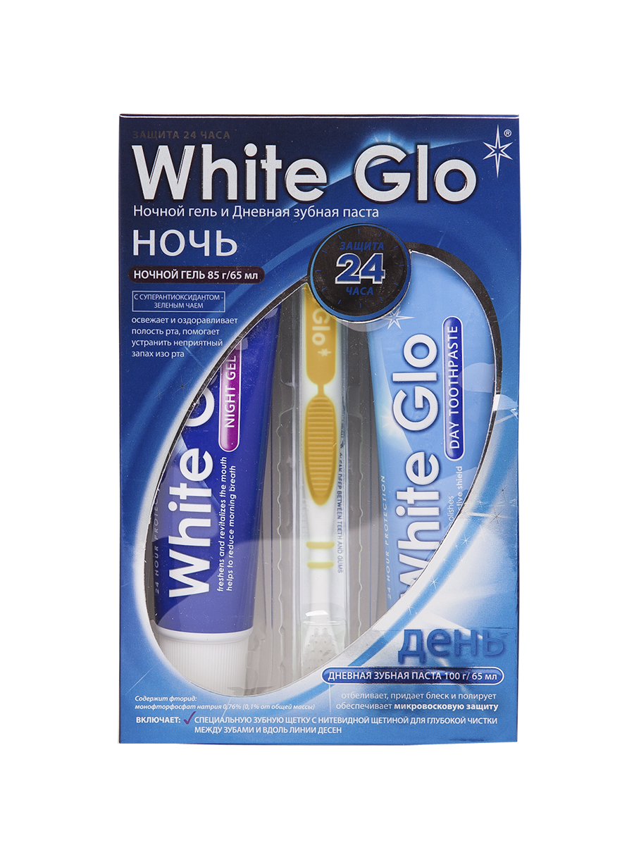 фото Дневная зубная паста white glo 100 г ночной гель 85 г + зубная щетка flosser оранжевый