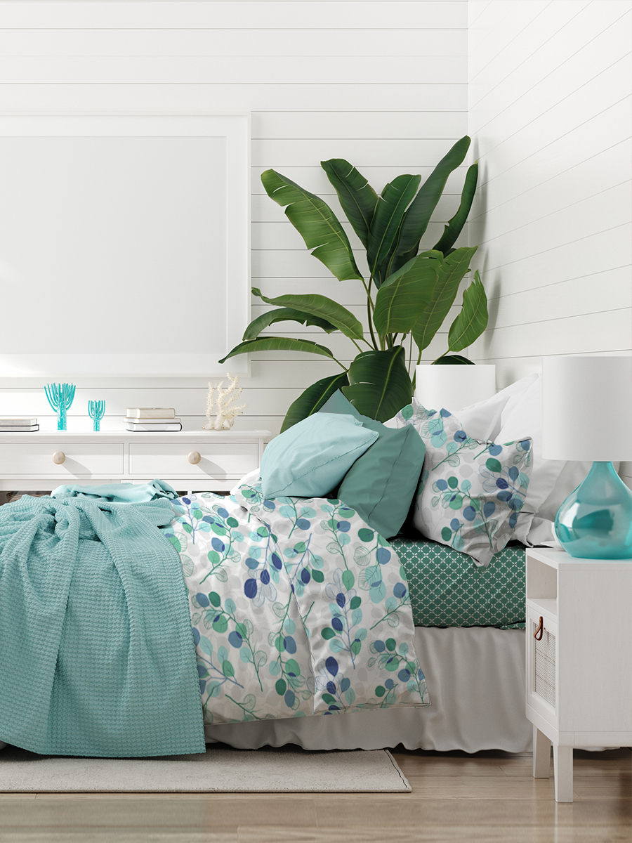 

Комплект постельного белья Galtex Комфорт Евро компаньон Эвкалипт синий на белом фоне, КПБ серия Эвкалипт