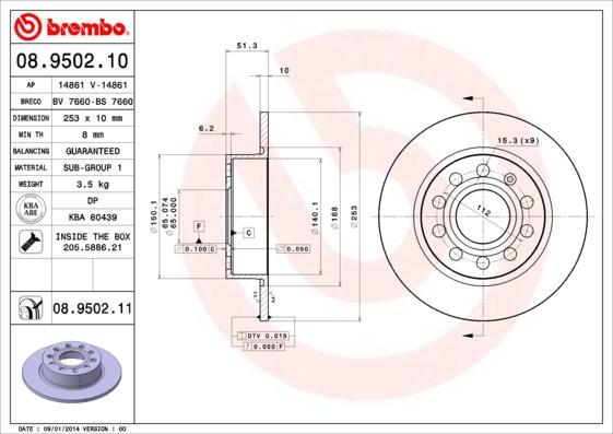 

Тормозной диск brembo задний для Audi A3 03-/Skoda Octavia/Volkswagen Caddy 03- 08950211