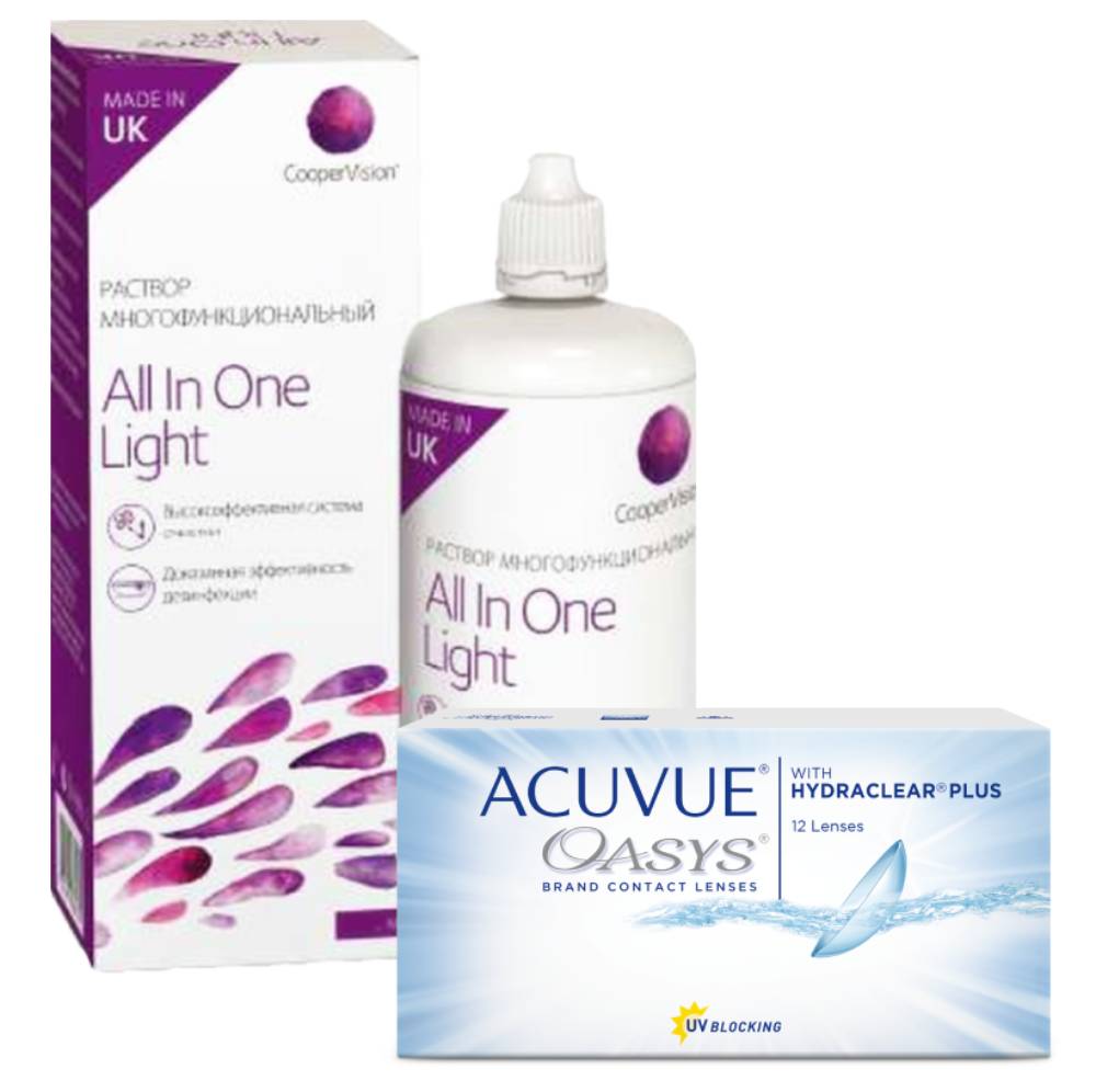 

Набор контактные линзы Acuvue Oasys 12 линз R 8.8 -8,50 + All in One Light 360 мл, Oasys with Hydraclear Plus 12 линз + All in One Light 360 мл