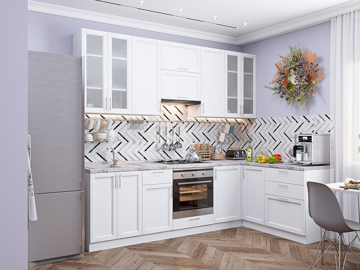 

Кухонный гарнитур Сканди, 2340х2650/1590х600 Белый (White Softwood)/Белый. Виват, Сканди