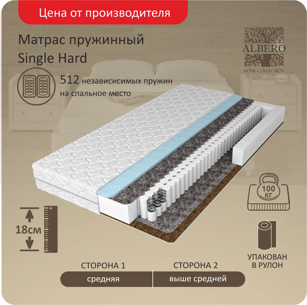 

Анатомический матрас пружинный Albero Single Hard 140-190, Белый, SinHard140190