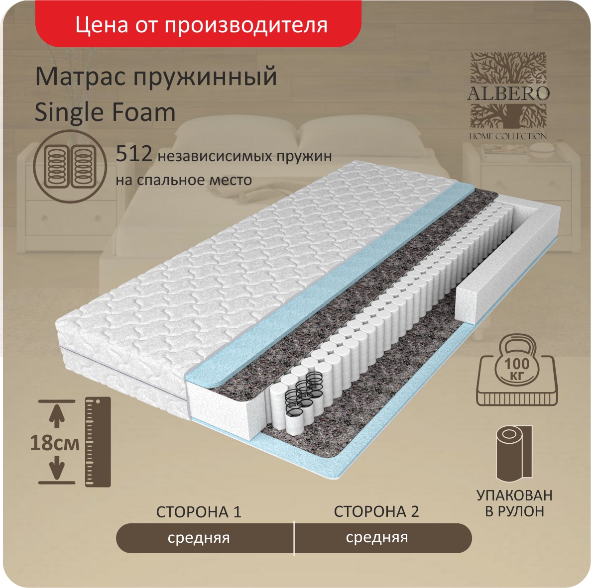 

Анатомический матрас пружинный Albero Single Foam 80-200, Белый, Single Foam