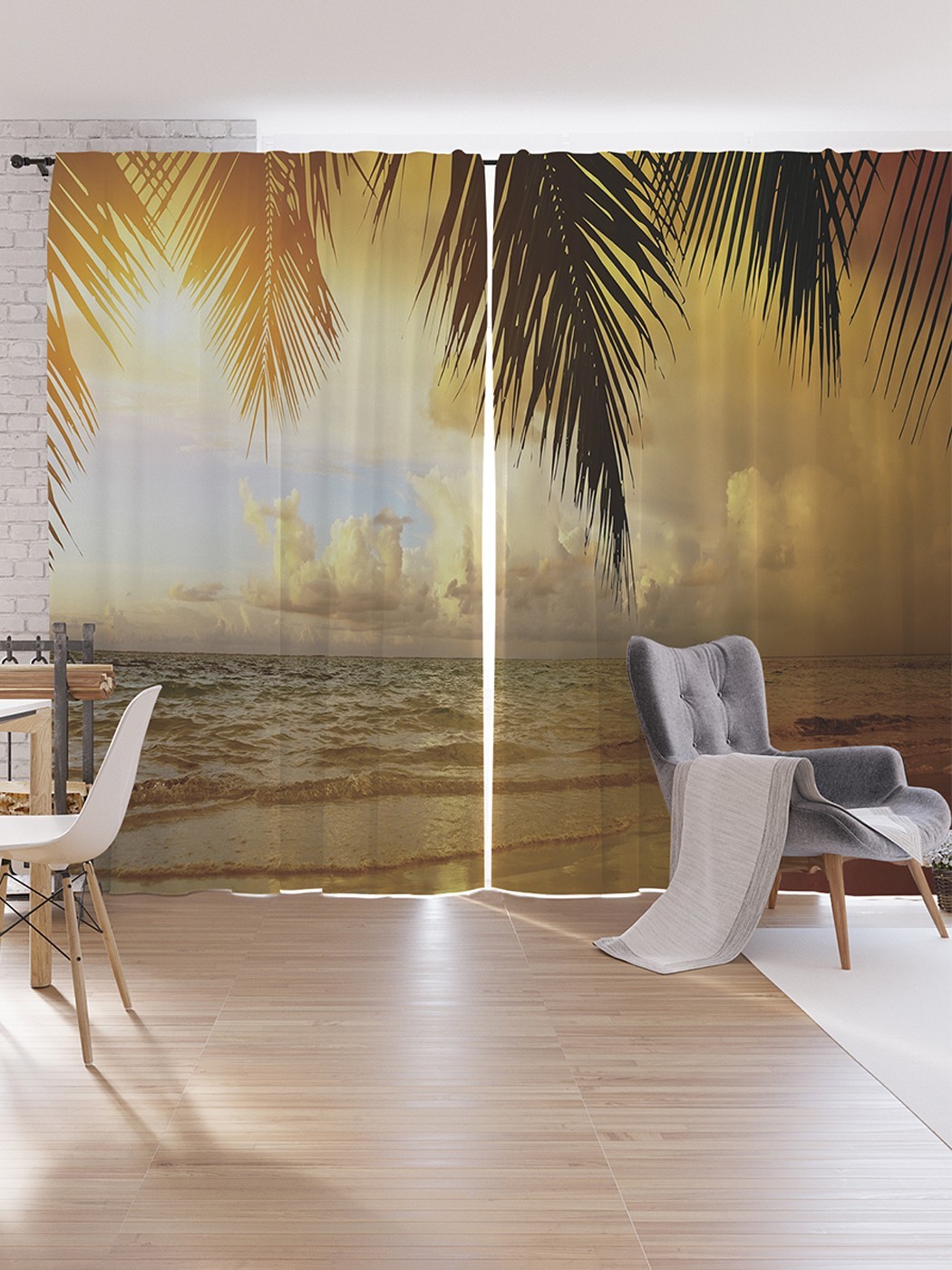 

Шторы под лён JoyArty "Рассвет на пляже у пальмы", серия Oxford DeLux, 340х265 см, Рассвет на пляже у пальмы