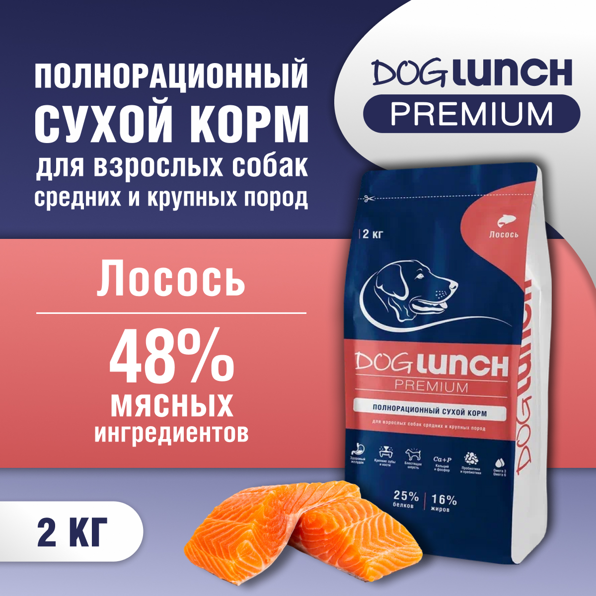 Сухой корм для собак DogLunch Premium с лососем, для средних и крупных пород, 2 кг