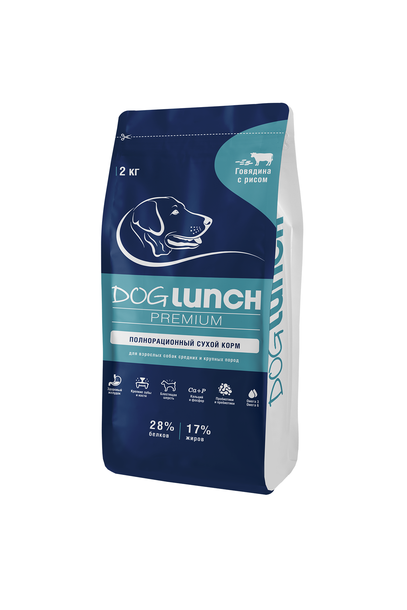Сухой корм для собак DogLunch Premium говядина и рис, для средних и крупных пород, 2 кг