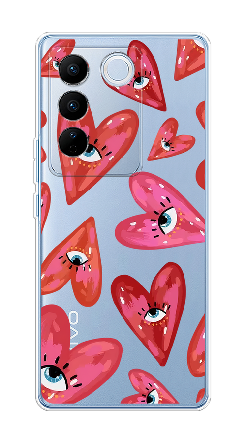

Чехол на Vivo V27/V27 Pro "Сердечки с глазами", Коричневый;красный;розовый, 268450-1