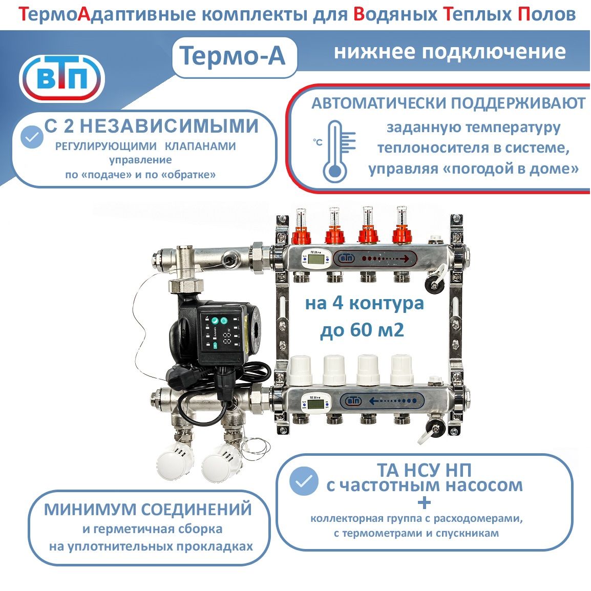 Термоадаптивный комплект для теплого пола 4 контура с частотным насосом ВТП Thermo-A