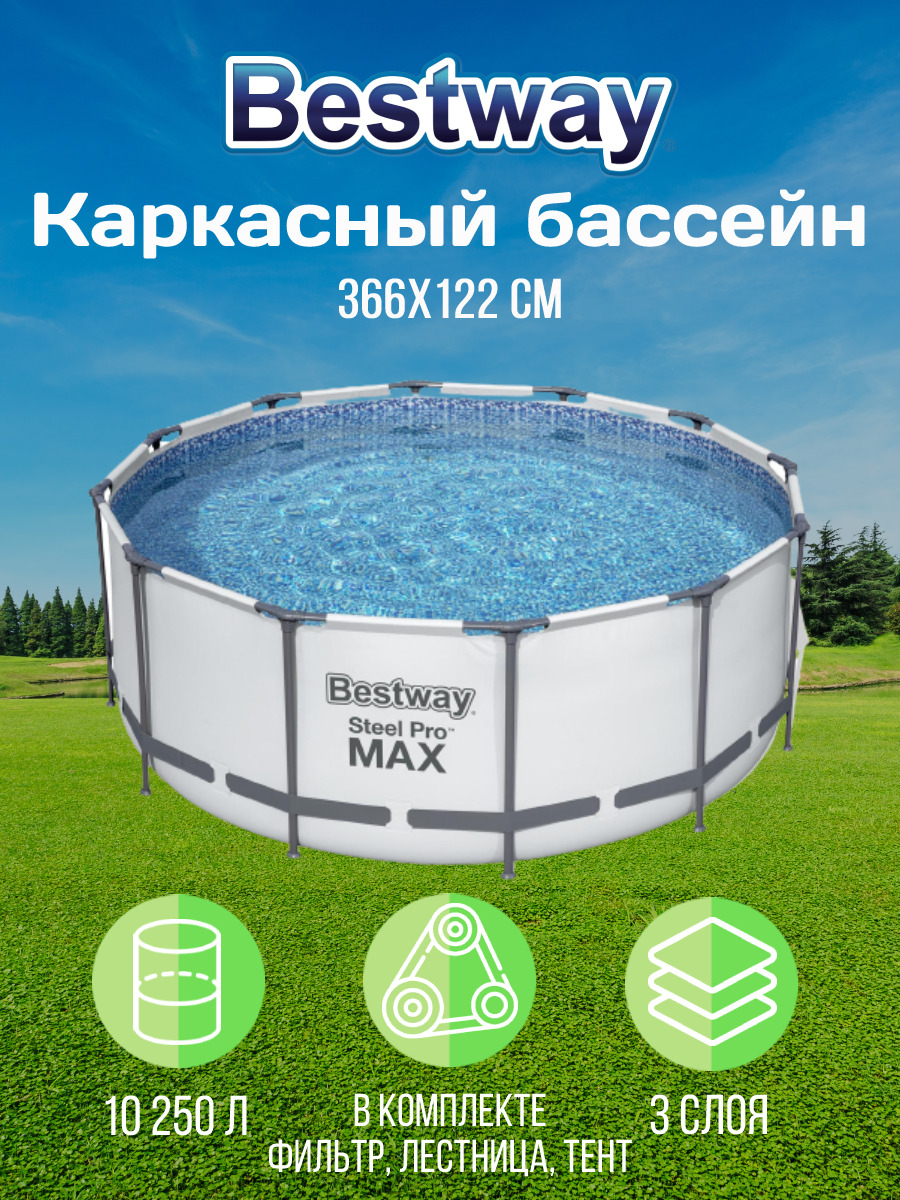 

Каркасный бассейн Bestway Steel Pro Max 56420 366х366х122 см, Серый, Steel Pro Max