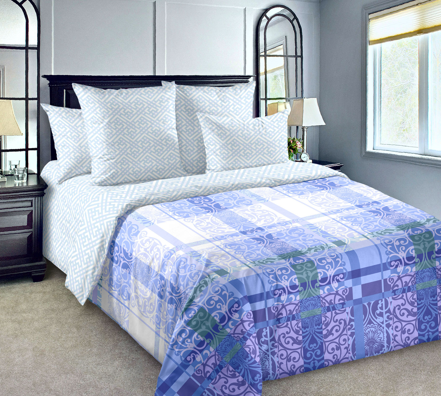 фото Постельное белье "декор 1 син" 2-спальное с европростыней перкаль текс-дизайн