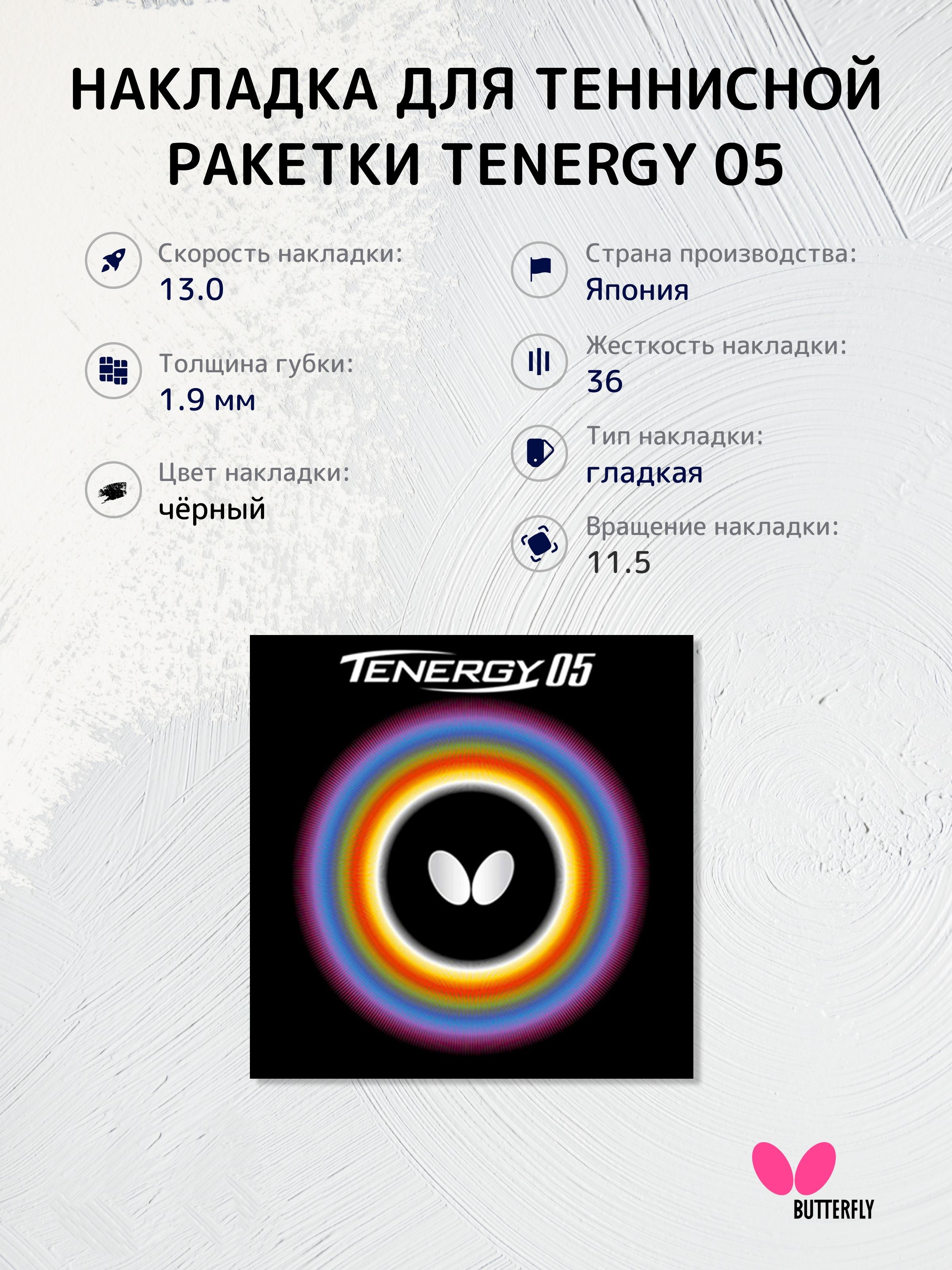 

Накладка на ракетку для настольного тенниса Butterfly Tenergy 05 1.9 черная, Черный, Tenergy 05