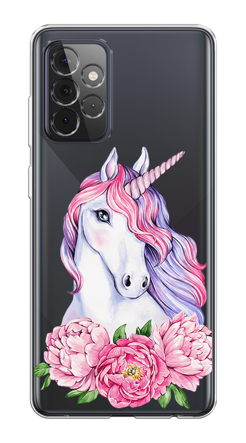 

Чехол на Samsung Galaxy A72 "Единорог с пионами", Розовый;белый;зеленый, 2101950-1