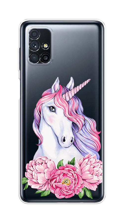 

Чехол на Samsung Galaxy M31s "Единорог с пионами", Розовый;белый;зеленый, 2101450-1