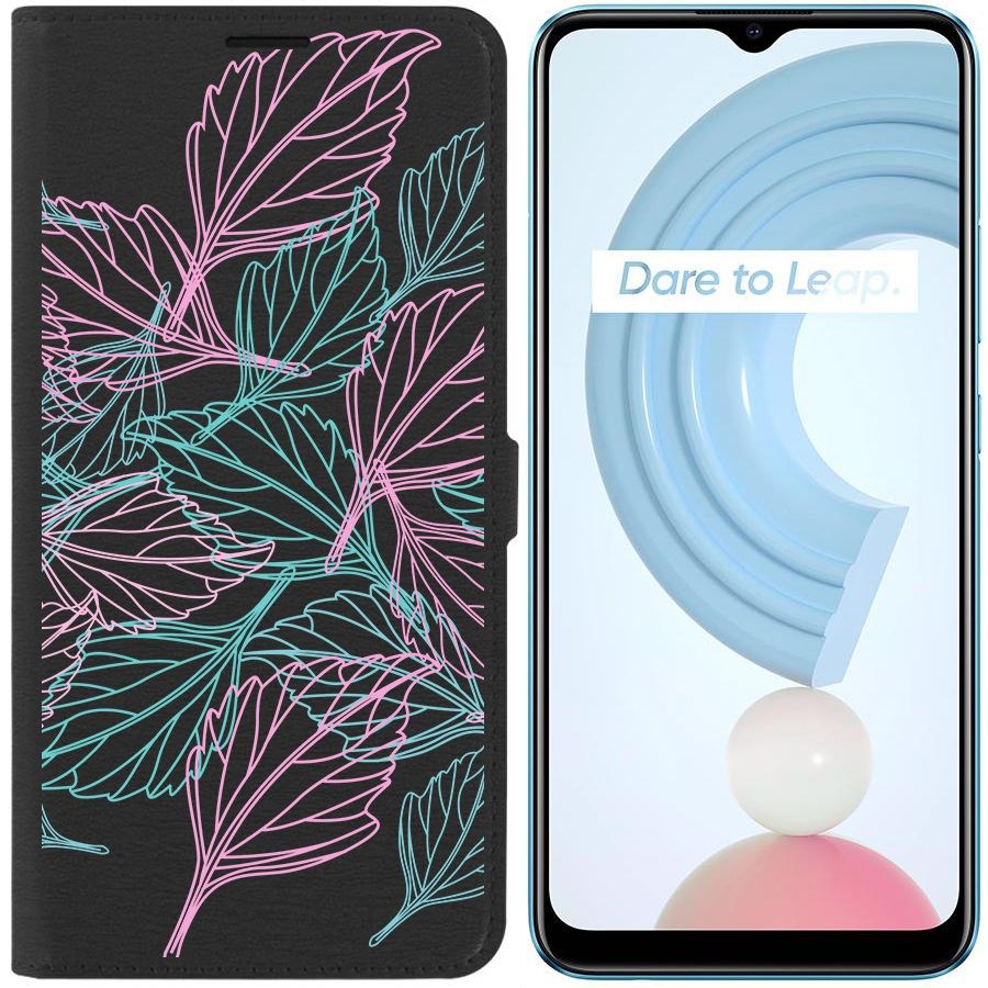 

Чехол-книжка Krutoff Eco Book для Realme C21Y Листья паттерн (черный)