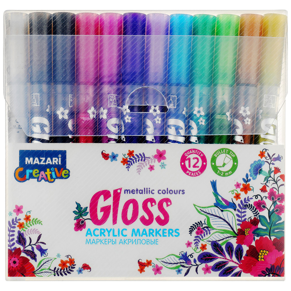

Маркеры-краски Mazari Gloss с эффектом металлик 12 цветов (толщина линии 1.0-2.0 мм)