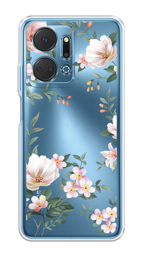 Чехол на Honor X7A Plus "Beautiful white flowers" 6121850-1 бежевый,  зеленый