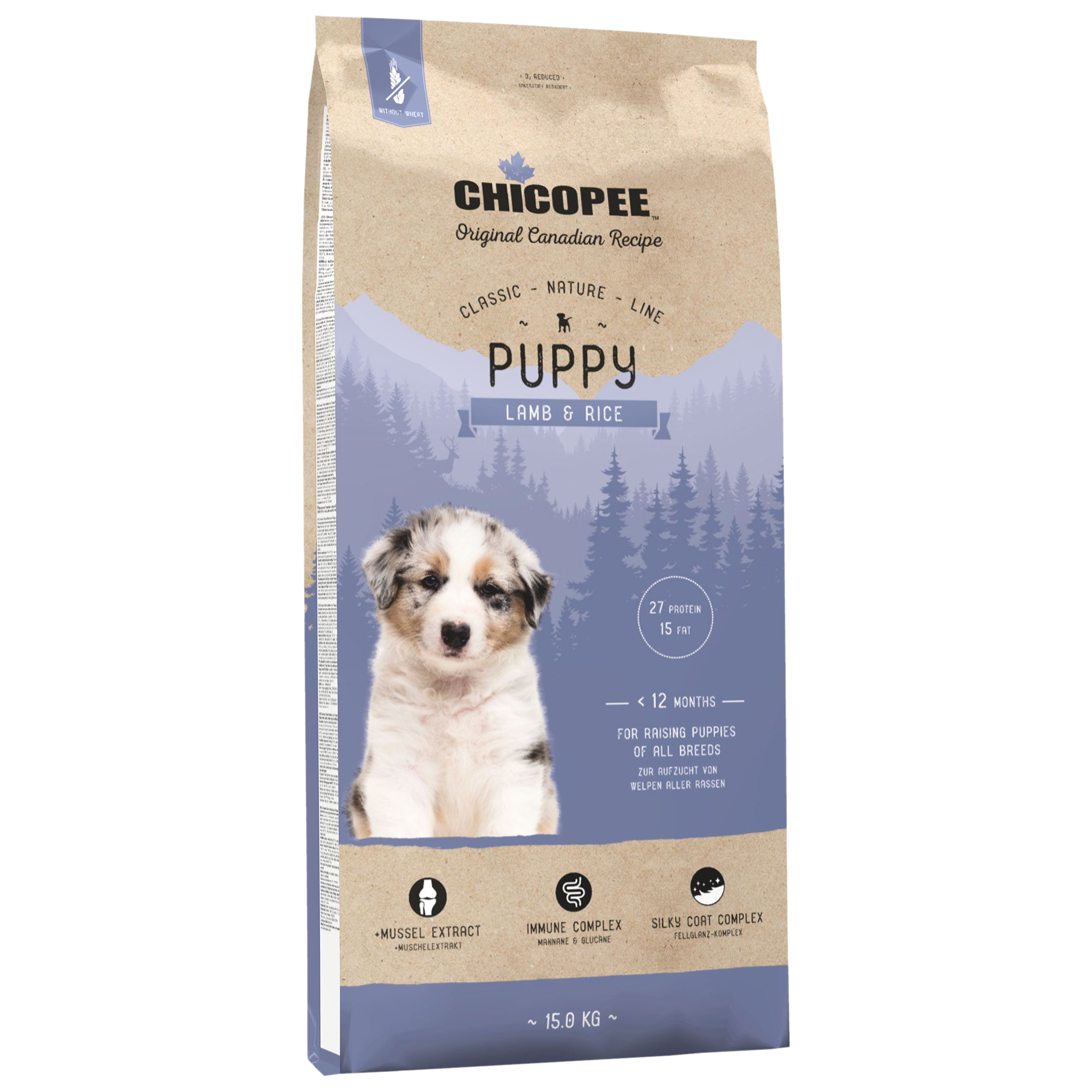 Сухой корм для щенков Chicopee Classic Nature Line Puppy Lamb&Rice, ягненок, рис, 15кг