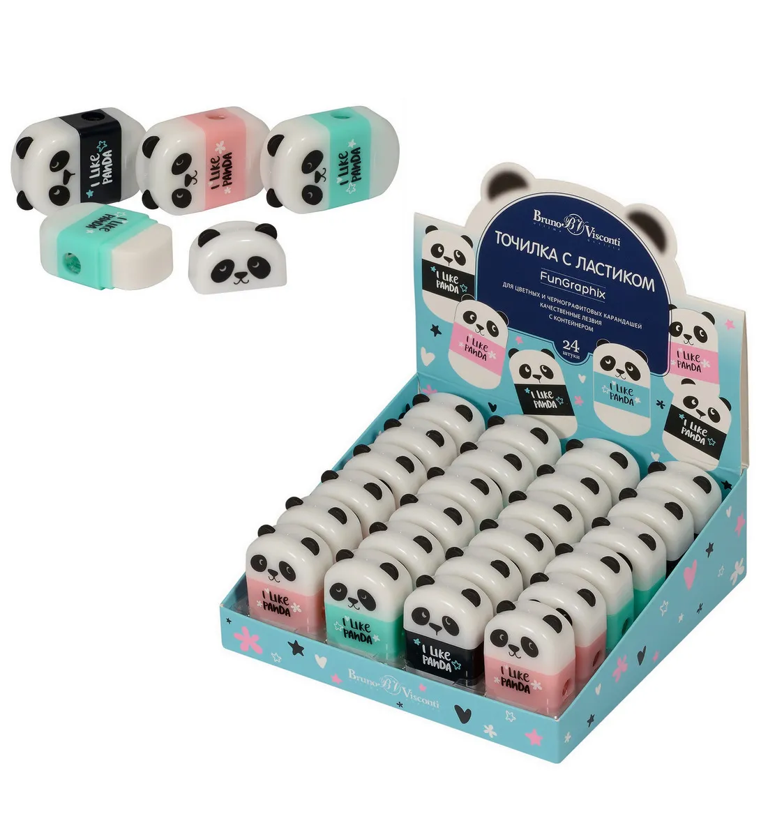 фото Точилки 24 шт. bruno visconti с контейнером и ластиком "fungraphix. панда", 3 цвета brunovisconti