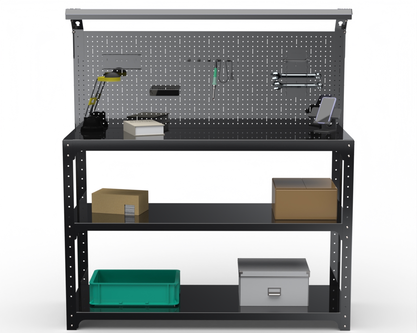 

Стол-верстак Metalex 205792 KIT 950х1300х500 2-е полки, панель, освещение, черный